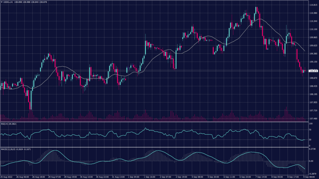 US dollar index daily chart shows support at 108.50 and 107.05 on the daily chart.