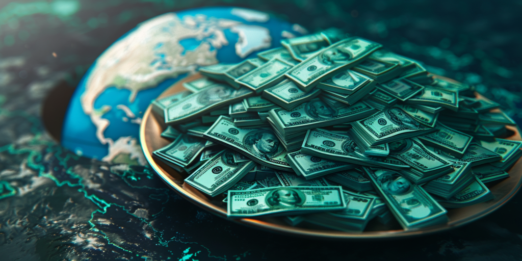 A plate full of US dollar bills on top of a globe symbolizing bond indices.